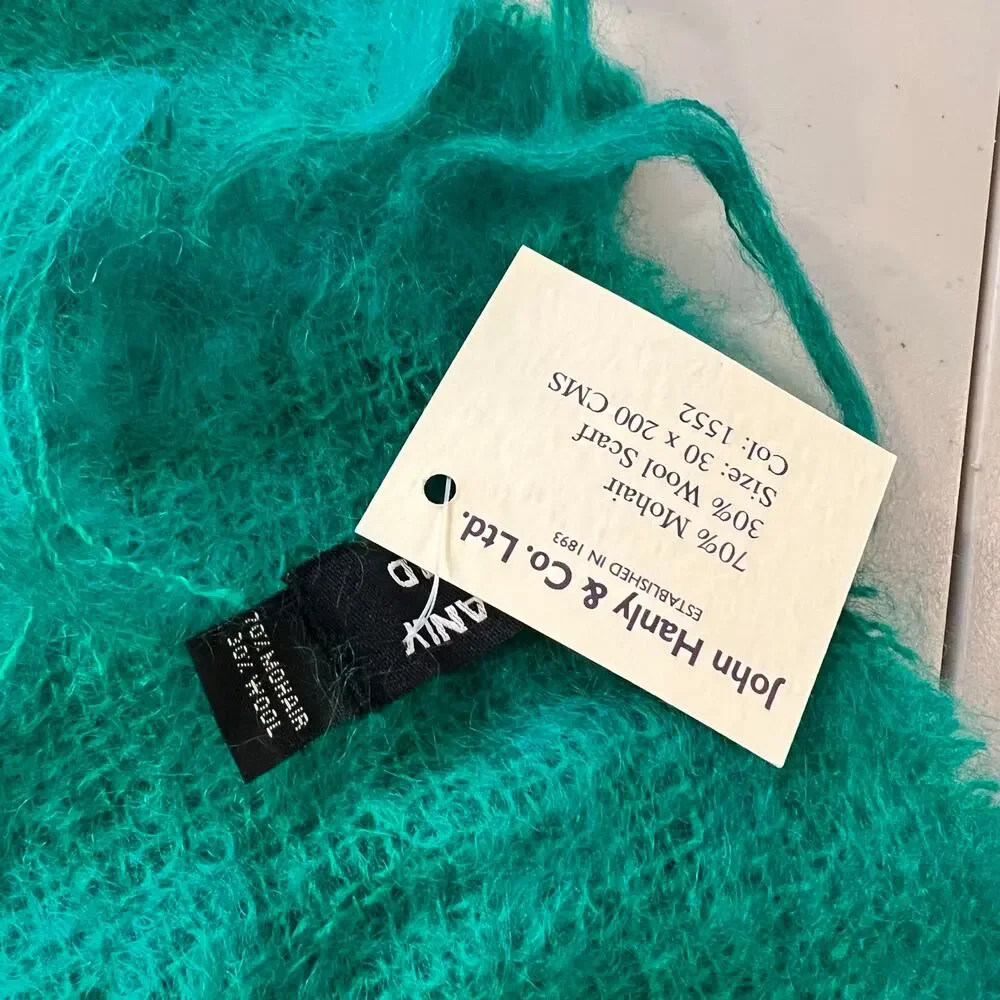 John Hanly & Co Ireland Green Hand Woven Mohair/Wool Fringe Long Wrap Scarf NEW